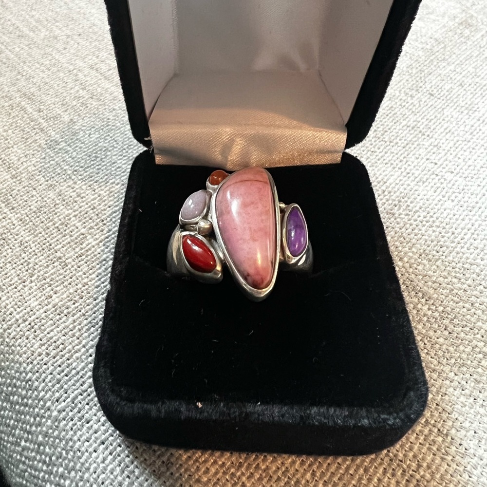 Vintage multi natural stone sterling silver ring size 9